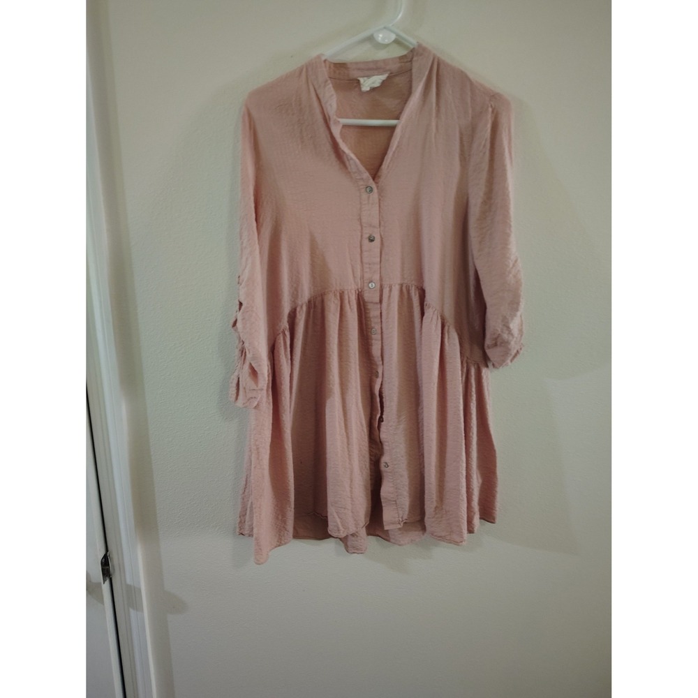 Style Rack Womens Babydoll Tunic Top Pink Button Down Textured 3/4 Sleeve Medium